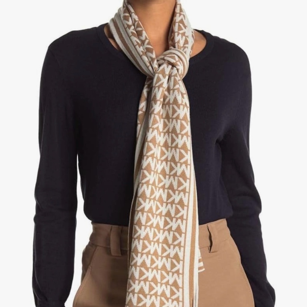 Michael Kors Bordered MK Logo Print Muffler Scarf in Camel Cream